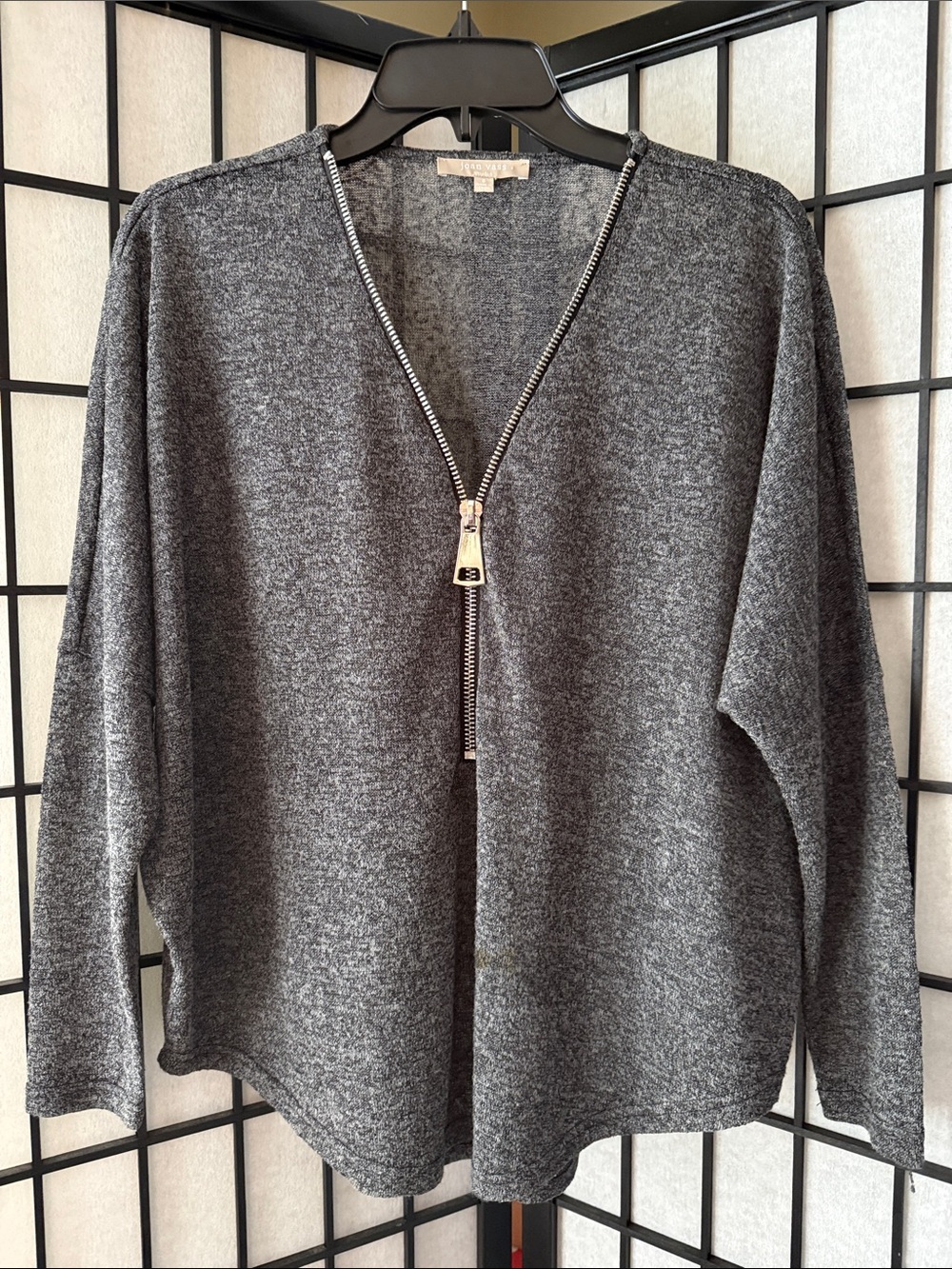 Joan Vass Charcoal Knit Zipper Top with Subtle Texture